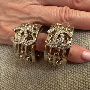 Super Rare New Classic Chanel CC Logo Crystal & 24K Gold Small Hoop Earrings